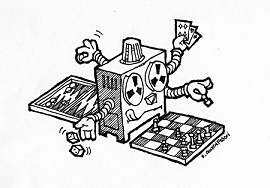 ilustração de um computador jogando xadrez, cartas e dados