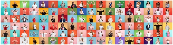 Personalização no DTC Imagem com vários rostos e fundos coloridos