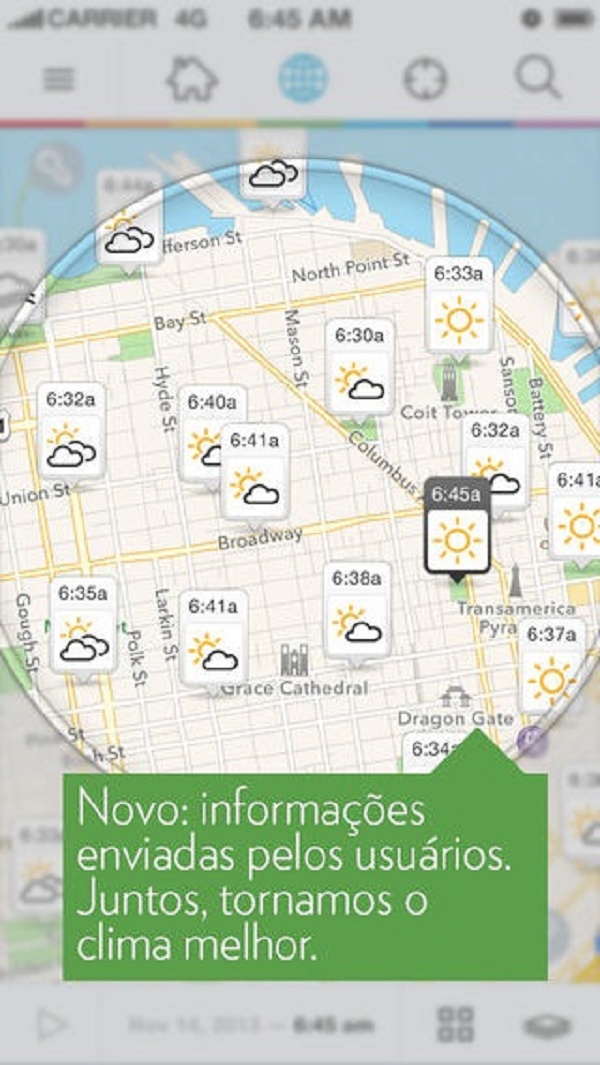Imagem mostra mapa com informações em tempo real sobre o clima